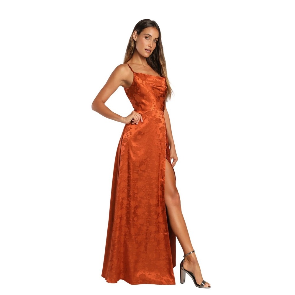 Lulus Simply Dreamy Rust Orange Satin Jacquard Maxi Dress Size Medium - Picture 2 of 8